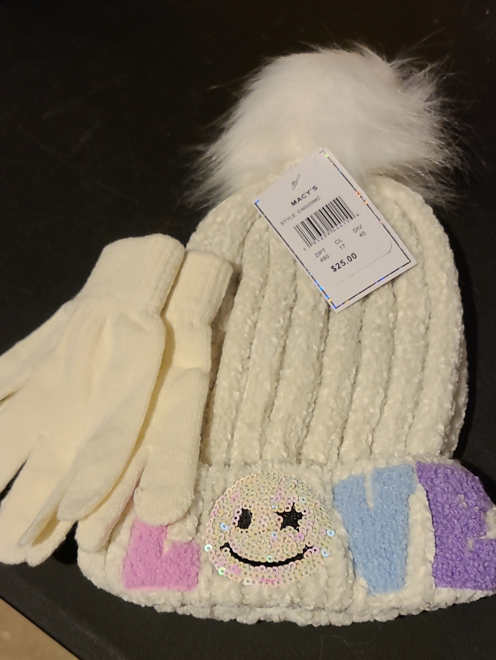 Macy's Kids Cream Pom Pom Beanie & Gloves Set with Sequin Smiley